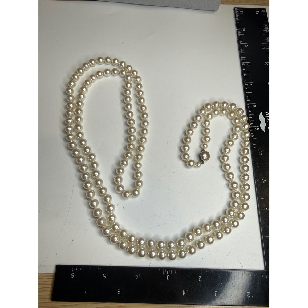 Hand Knotted Faux Pearl Necklace Long Opera Length Cream 8mm Beads 30 Inch